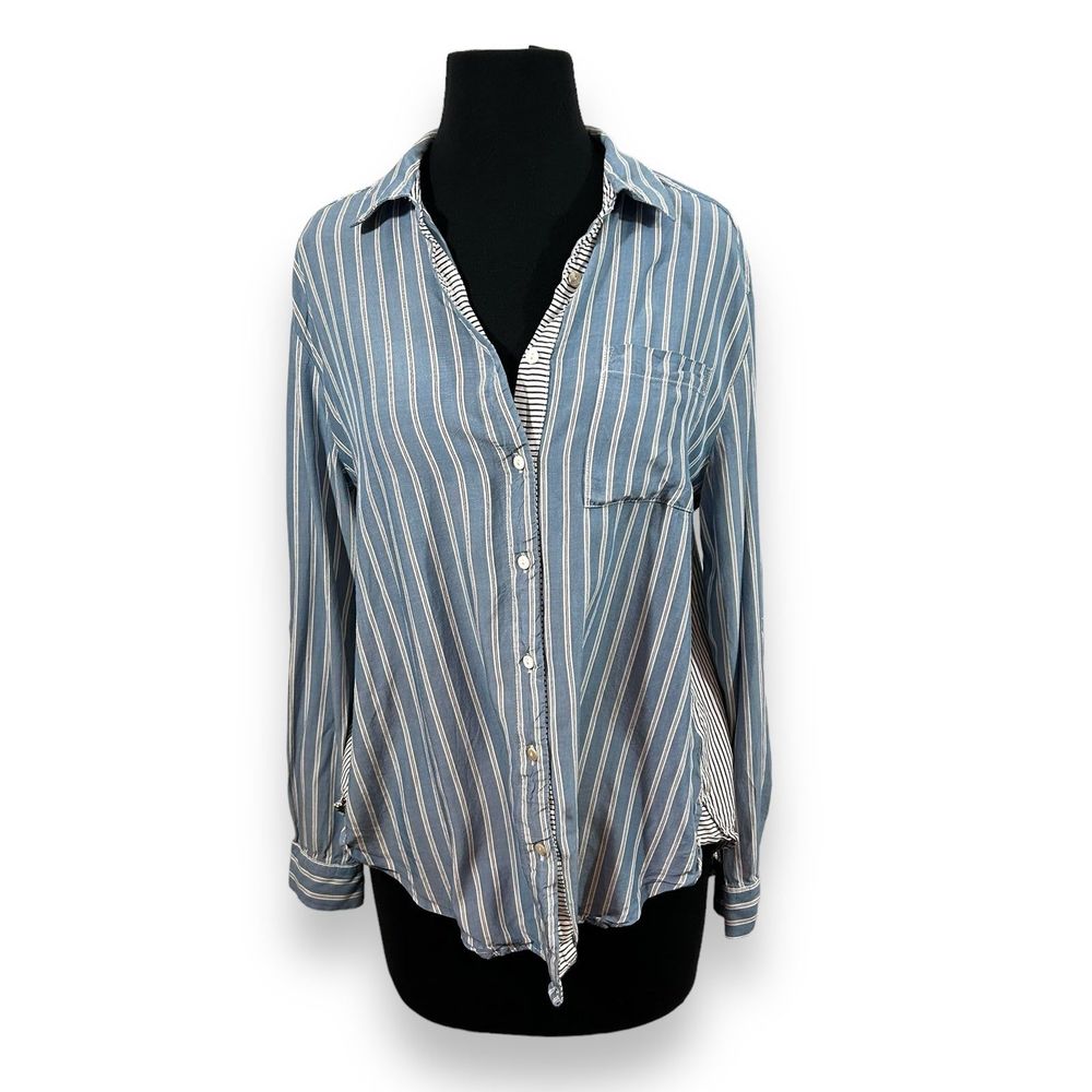 Jane + Delancey Mixed Stripe Roll Tab Button Down Shirt Womens Small Blue